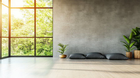 A tranquil interior showcases a modern minimalist design with large windows, cozy cushions, and vibrant plants. Natural light floods in, creating a peaceful atmosphere that connects with nature.の素材