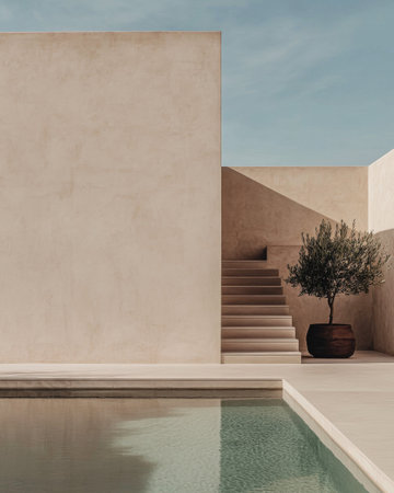 A contemporary courtyard showcases a smooth pool reflecting light, with elegant steps leading to a textured wall. An olive tree adds a touch of nature to the minimalist environment.の素材