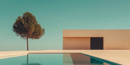 A striking minimalist structure stands by a serene pool, with a solitary tree nearby. The scene is set under a bright blue sky, showcasing contemporary design and tranquility.の素材