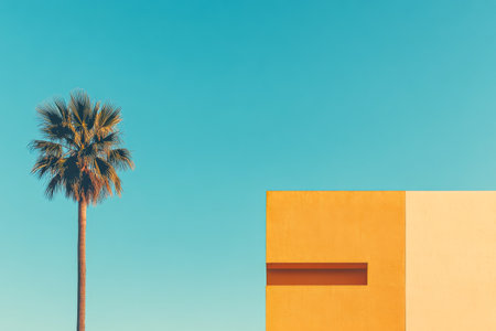 A tall palm tree stands next to a vibrant yellow building with a simple geometric design, all under a clear blue sky during the day. The scene suggests a warm, tropical atmosphere.の素材