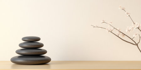 Stacked black stones create a calming effect on a wooden surface, complemented by a delicate flowering branch, evoking a sense of peace and balance in a minimalistic setting.の素材