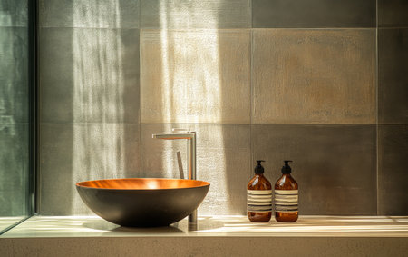 The beautiful bathroom features a sleek wooden bowl positioned beside two elegant bottles, all bathed in warm natural light filtering through a nearby window, creating a serene atmosphere.の素材