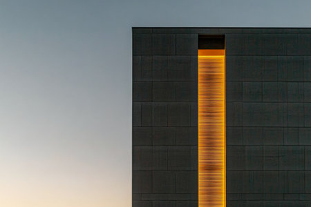A modern architectural structure showcases a striking illuminated vertical element against a dusky sky. The clean lines and minimalist design create a captivating visual contrast.の素材