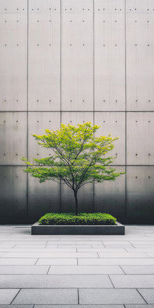 A small tree with vibrant green leaves stands in a planter, contrasting against a sleek, minimalist concrete wall. The scene embodies modern urban landscaping.の素材