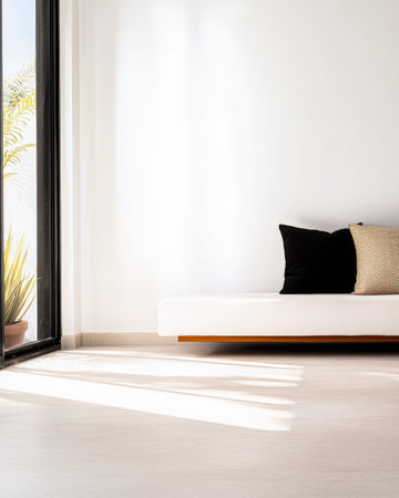 A spacious and stylish living room showcases a white couch adorned with black and patterned pillows. Sunlight streams through large windows, illuminating the serene space.の素材