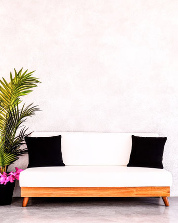 A contemporary white sofa with black cushions is positioned against a textured wall, accompanied by a lush green plant and vibrant flowers, creating a chic and inviting atmosphere.の素材