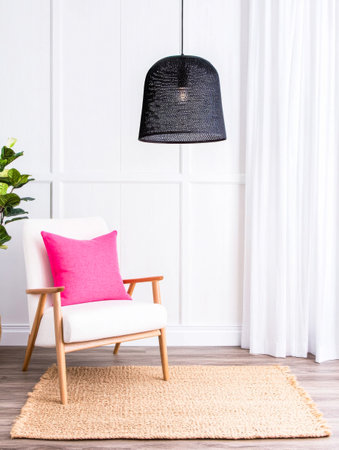 A modern living room showcases a white chair with a vibrant pink pillow, complemented by a woven rug and hanging light fixture, all under soft daylight streaming through white curtains.の素材