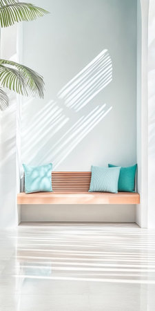 A peaceful indoor nook showcases a wooden bench adorned with turquoise pillows, illuminated by sunlight casting stripes across the floor, creating a serene atmosphere in the space.の素材