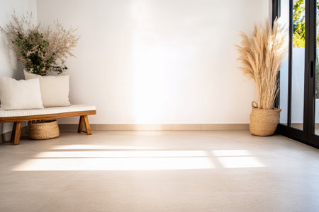 A simple living room features a comfortable bench with cushions, natural decor in baskets, and sunlight streaming through large windows, creating a warm and inviting atmosphere.の素材
