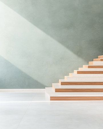 A beautifully crafted staircase showcases light wooden steps ascending against a muted green wall. Soft sunlight streams in, enhancing the elegant simplicity of the modern interior.の素材