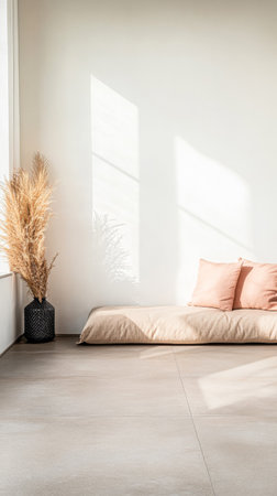 The spacious living room features soft, natural light pouring in through large windows. A simple floor cushion and decorative dried plants create a calming and inviting space.の素材