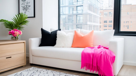 A modern living room featuring a white sofa adorned with colorful cushions, a pink throw blanket, and a floral arrangement, creating a vibrant and inviting atmosphere.の素材