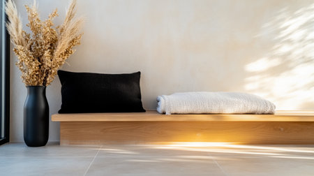 A minimalist and inviting interior features a wooden bench, a black cushion, and a rolled towel beside a decorative vase filled with dried flowers, all bathed in soft natural light.の素材