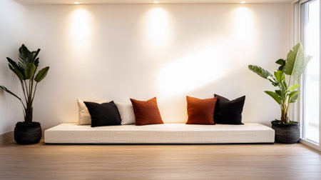 A minimalist living space features a long white bench adorned with pillows in various colors. Two potted plants add a touch of greenery, creating a bright, inviting atmosphere.の素材
