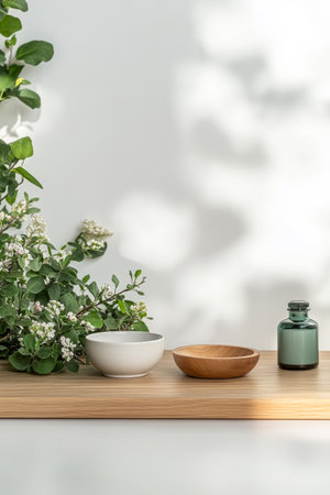 Fresh greenery is arranged alongside a wooden bowl and a white ceramic bowl on a bamboo surface, creating a serene and minimalistic display that enhances the tranquil atmosphere.の素材