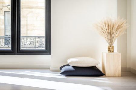 A bright living area showcases a cozy corner with decorative pillows stacked on the floor and a stylish vase filled with dried flowers placed on a wooden pedestal nearby.の素材