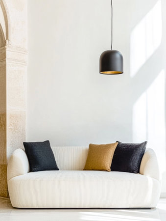 A well-designed living room features a plush white couch adorned with black and gold pillows, illuminated by natural light from a nearby window. The minimalist decor enhances the inviting atmosphere.の素材