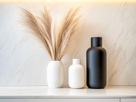 A stylish display features three vases in black and white, holding delicate dried grass, placed against a smooth marble backdrop. The setting exudes modern elegance and simplicity.の素材