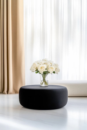 A beautiful arrangement of white roses in a clear glass vase sits atop a round black table. The soft natural light streams through sheer curtains, creating a serene atmosphere.の素材