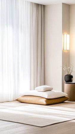 This tranquil indoor area features a cozy arrangement of cushions on a floor mat, illuminated by soft natural light filtering through sheer curtains.の素材