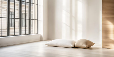 A minimalistic interior features two soft pillows resting on a light wooden floor, illuminated by sunlight streaming through large windows, creating a serene atmosphere in the room.の素材