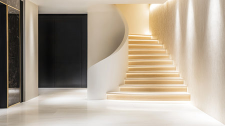 A sleek, modern interior showcases a beautifully lit spiral staircase, enhancing the minimalist design of the space. The walls are bright, complementing the overall elegance.の素材