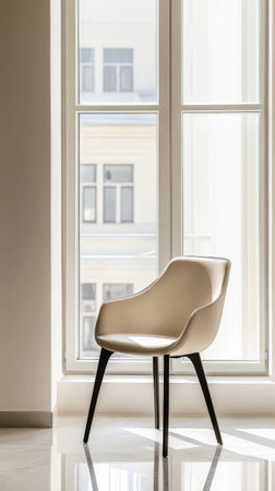 A minimalist chair sits alone near a sunlit window, allowing warm light to fill the space. The elegant design complements the contemporary decor, creating a serene atmosphere.の素材