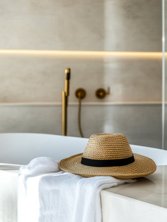 A straw hat rests on a white towel beside a sleek bathtub in a contemporary bathroom. The elegant design includes minimalist fixtures and soft lighting, creating a calming atmosphere.の素材