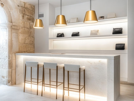 A spacious retail area showcases a sleek counter with three white bar stools, illuminated under golden pendant lights. Handbags are neatly displayed on an illuminated shelf against a stone wall.の素材