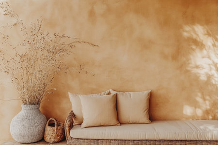 A cozy interior showcases a light brown wall with a textured finish. A natural fiber sofa is adorned with soft beige cushions, complementing a large vase filled with dried plants.の素材