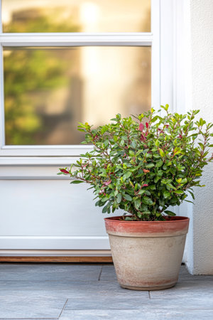 A lush, green plant is placed in a clay pot at the entrance of a contemporary home, basking in warm sunlight. The setting creates a welcoming atmosphere for visitors.の素材
