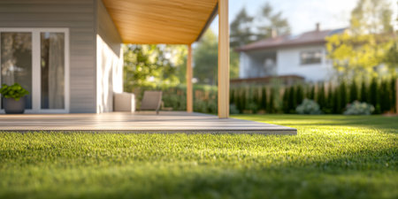 The setting features a modern home with a spacious patio overlooking a lush green lawn on a bright sunny afternoon, creating a relaxing outdoor atmosphere ideal for leisure.の素材