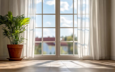 A bright room features a potted plant beside a large window with sheer curtains. Sunlight streams through, illuminating the space and offering a glimpse of greenery outside.の素材