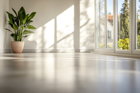 Sunlight streams through expansive windows, illuminating a light-colored floor. A green potted plant adds a touch of nature to the serene indoor setting, creating a peaceful atmosphere.の素材