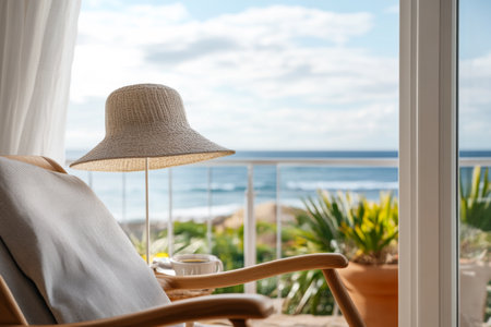 A cozy chair sits by a large window, adorned with a sunhat and a cup of tea, offering a stunning view of the ocean under bright, sunny skies. Perfect for relaxation and comfort.の素材