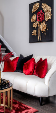 A stylish living room showcases a white sofa adorned with plush red and black pillows. A striking floral artwork hangs above, while a decorated table adds charm to the space.の素材