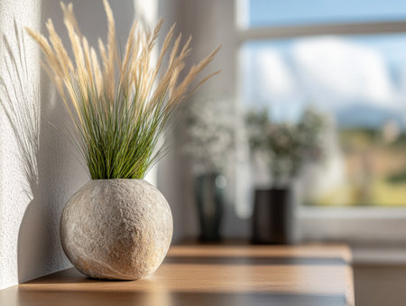 A stylish arrangement showcases pampas grass in a distinctive stone vase atop a wooden surface. The sunlight filters through a nearby window, highlighting the serene indoor setting.の素材