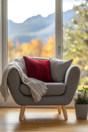 A stylish armchair draped with a cozy blanket and a red pillow is positioned by a large window. Outside, vibrant autumn foliage and majestic mountains create a serene backdrop.の素材
