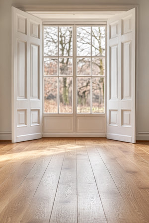 Sunlight pours into a spacious room through an open window, illuminating wooden floors and showcasing a tranquil view of trees outside, signaling the arrival of spring.の素材