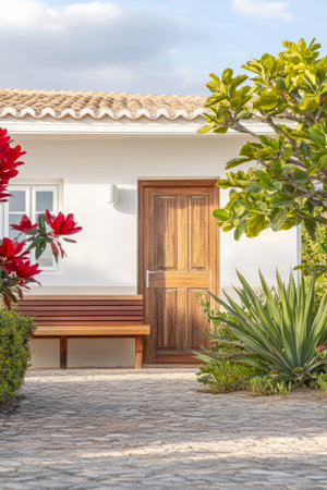 A wooden door stands invitingly at the entrance of a home, surrounded by lush greenery and colorful flowers under a bright sky. The peaceful pathway leads to the door, creating a welcoming atmosphere.の素材