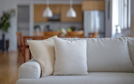 The living area showcases a stylish sofa adorned with soft neutral pillows, providing a warm and inviting atmosphere. A dining set is visible in the background, enhancing the home's charm.の素材