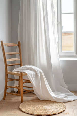 A wooden chair stands in a light-filled room, draped with a white blanket. Soft, sheer curtains gently ripple by the window, creating a serene, inviting atmosphere perfect for relaxation.の素材