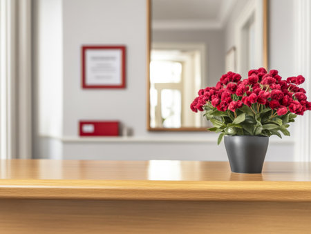 A potted plant with rich red flowers sits prominently on a polished wooden reception desk, creating an inviting atmosphere in a bright lobby. The background features soft lighting and simple decor.の素材