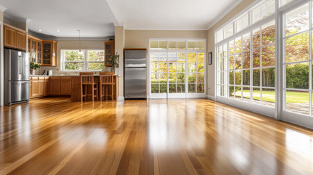 A modern kitchen features sleek cabinetry and stainless steel appliances, complemented by a cozy dining area. Large windows let in natural light, offering views of the lush garden outside.の素材