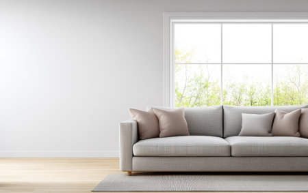 A modern gray couch adorned with soft pillows is placed in a bright living room. The large window allows natural light to fill the space and offers a view of vibrant greenery outside.の素材
