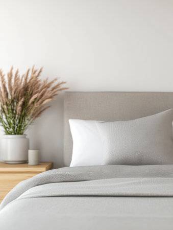The serene bedroom features a gray bedspread and a decorative plant in a vase on the bedside table, creating a calming atmosphere in soft natural light.の素材