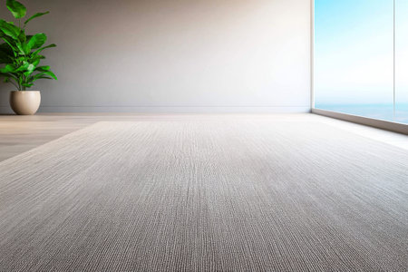 A spacious and bright room features a light-colored rug placed on wooden flooring. Large windows offer a stunning ocean view, filling the space with natural light and serenity.の素材
