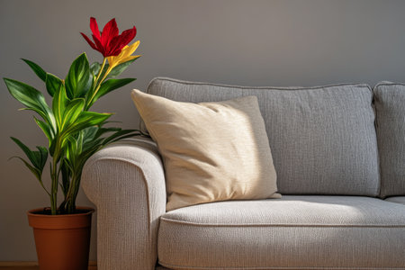 A cozy living room features a soft, textured gray sofa adorned with a plush pillow, alongside a colorful plant in a terracotta pot, all bathed in warm sunlight.の素材