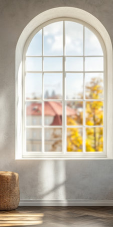 A spacious room features a large arched window opening to a picturesque city view. Autumn foliage can be seen, highlighting the vibrant colors outside while soft light fills the interior space.の素材