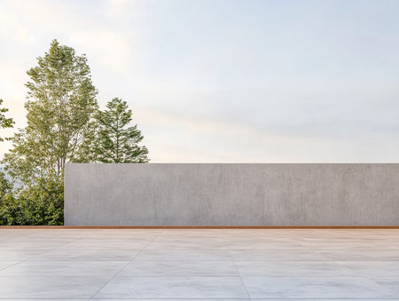 This quiet outdoor setting features a smooth concrete wall surrounded by vibrant greenery, creating a peaceful atmosphere during the twilight hours, ideal for relaxation or gatherings.の素材